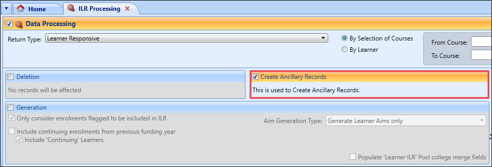 Create Ancillary Records section